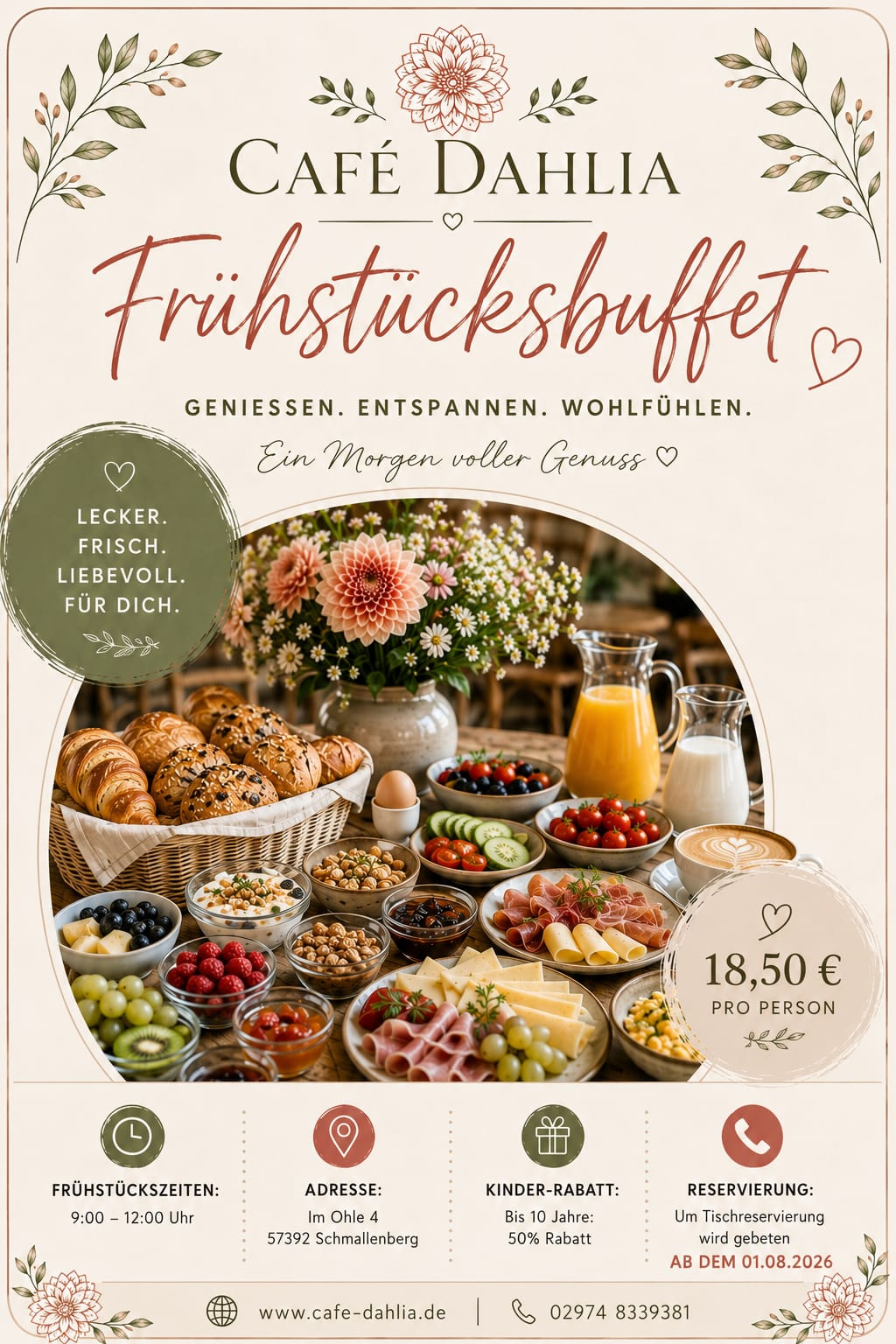 Plakat zum Frühstücksbuffet im Café Dahlia: 18,50 € pro Person, Frühstückszeiten 9 bis 12 Uhr