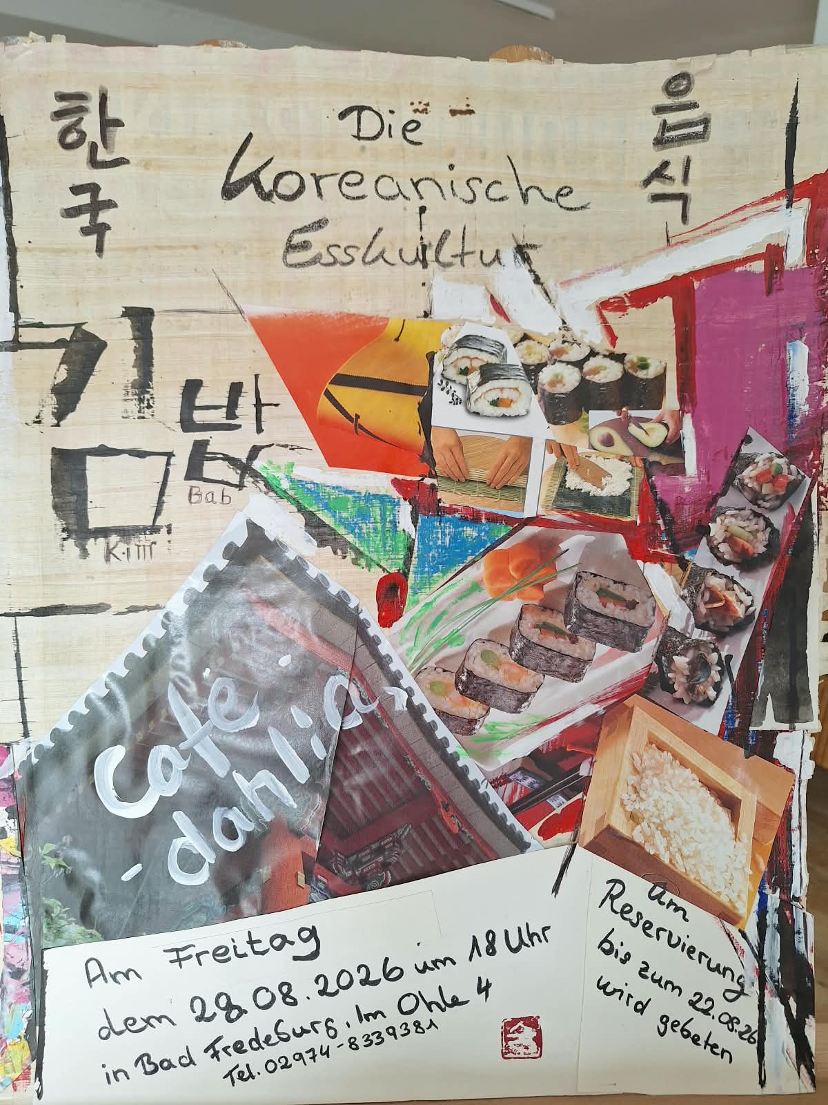 Handgemachtes Plakat zum koreanischen Abend Kim Bab im Café Dahlia am Freitag, 28. August 2026 um 18 Uhr