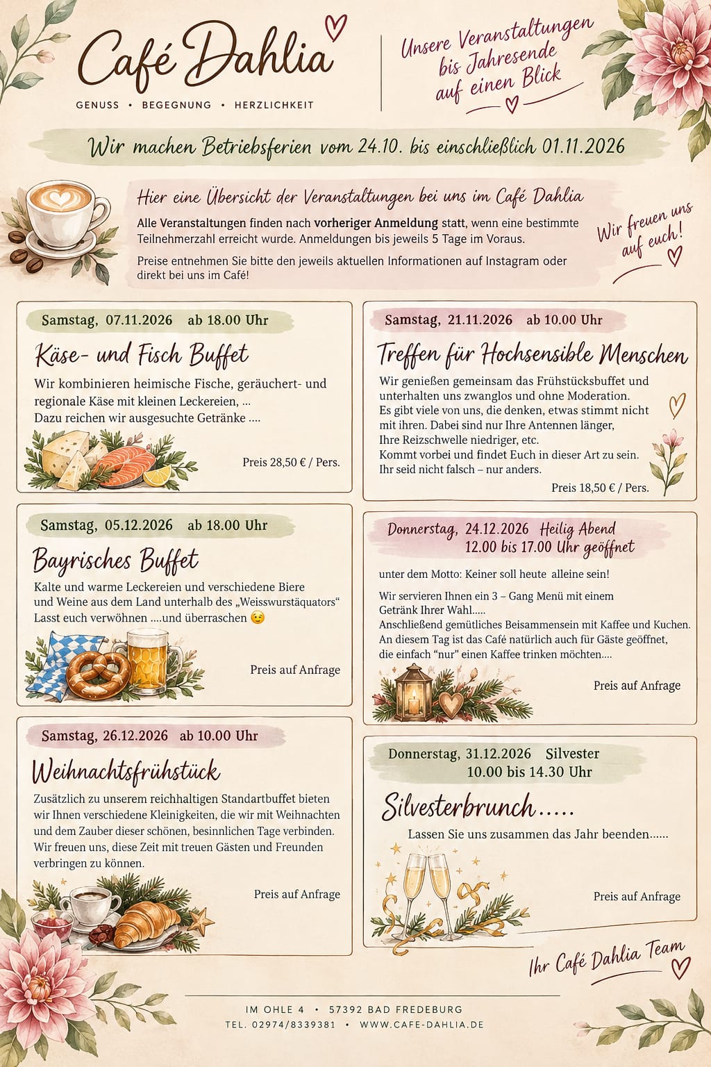 Plakat: Unsere Veranstaltungen bis Jahresende im Café Dahlia, Betriebsferien vom 24.10. bis einschließlich 01.11.2026